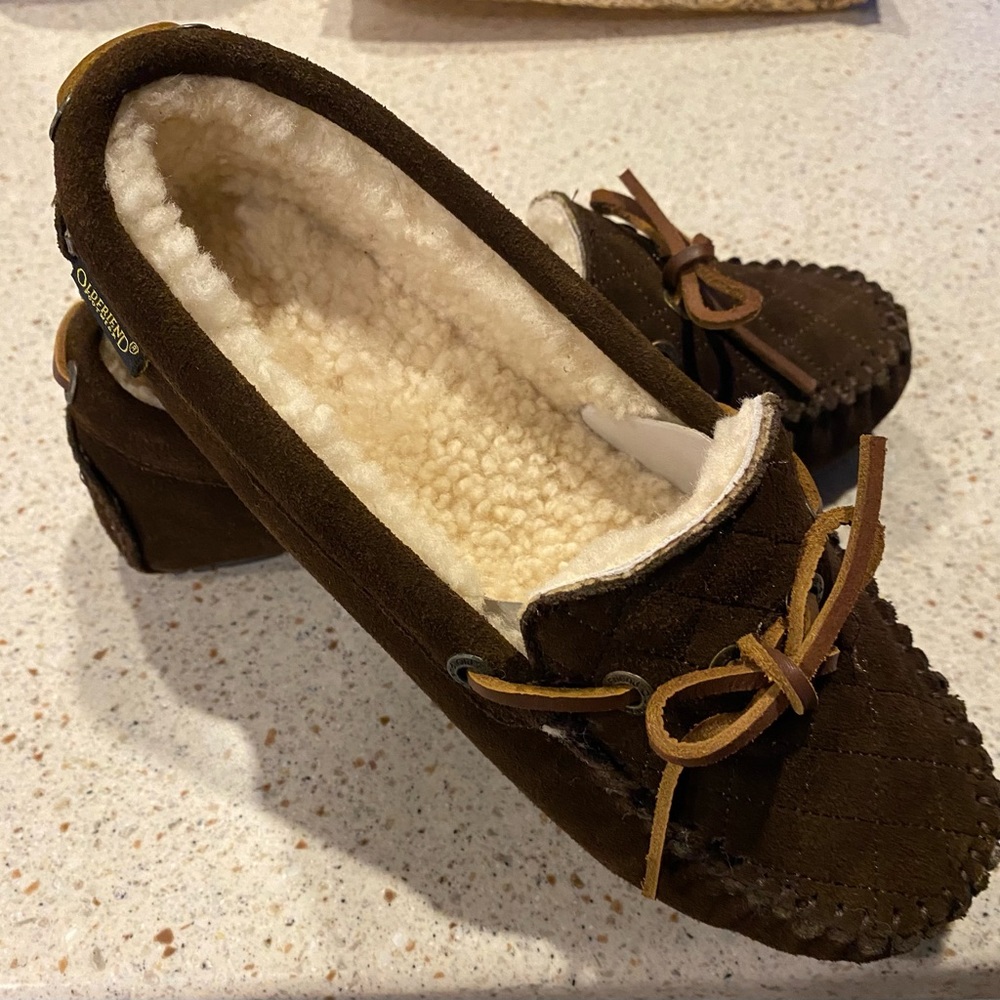 Old Friend leather moccasins shearling lined chocolate women’s size 7